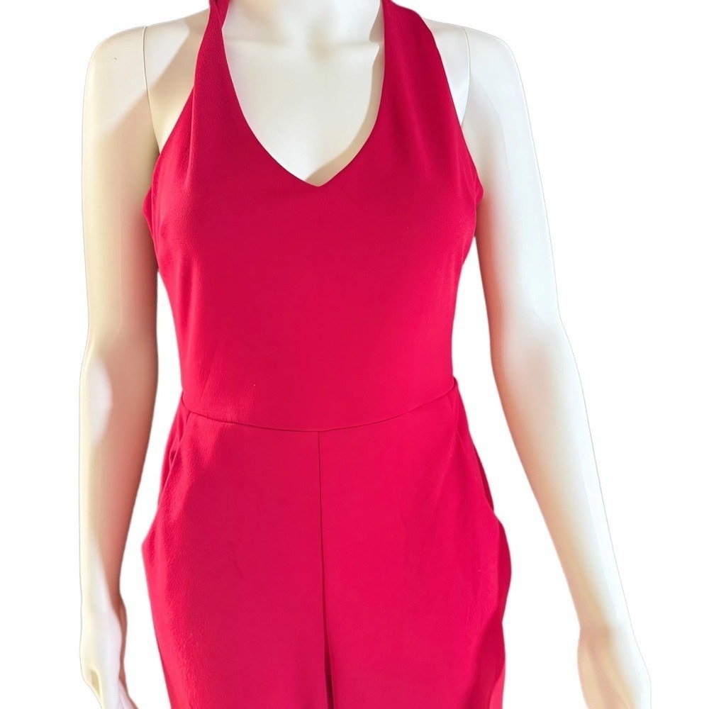 Crystal Sky Red Halter Jumpsuit Size S Open Back Sleeveless Straight Leg Pockets